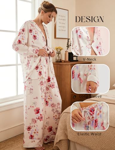 Image of Yimoon Satin Pajama Set for Women Silk Pajamas Set 2 Piece Floral Cute Pj Set Long Sleeve Pjs Sleepwear
