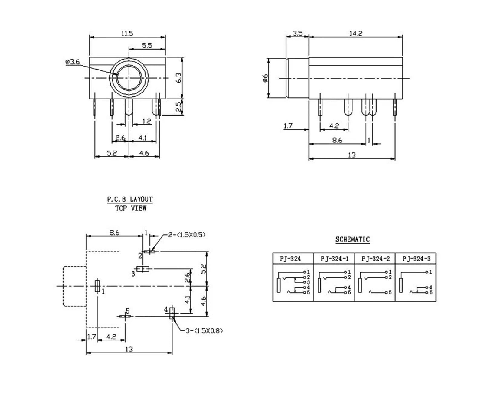 PJ-324M Lot de 10 prises jack audio stéréo 5 broches 3,5 mm Montage sur panneau PCB