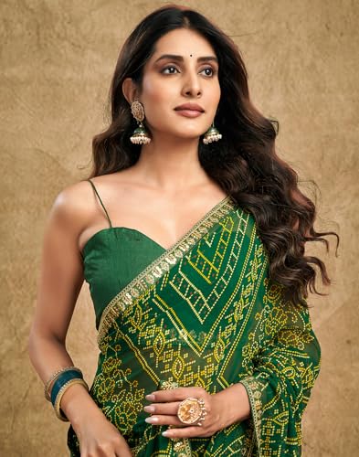 Image of SIRIL Women's Georgette Bandhani Printed Saree, Traditional Wedding Sarees For Women With Unstitched Blouse Piece