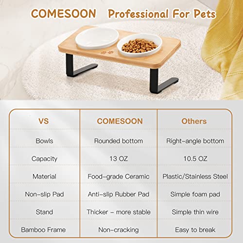 Ceramic Elevated Cat Bowls, 10° Tilted Raised Cat Food Bowls for Food and Water, Indoor Cat Dishes with Bamboo Stand Anti Vomiting for Cats and Puppy, Pet Bowl Set with Anti Slip Feet, Dishwasher Safe