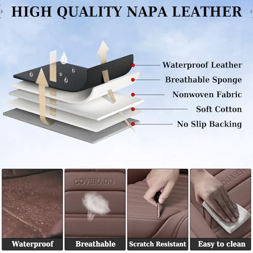 Image of Coverado Seat Covers, Car Seat Covers Front Seats, Automotive Seat Covers, Waterproof Nappa Leather Car Seat Cover, Car Seat Cushion, Brown Seat Covers Carseat Cover Universal Fit for Most Cars