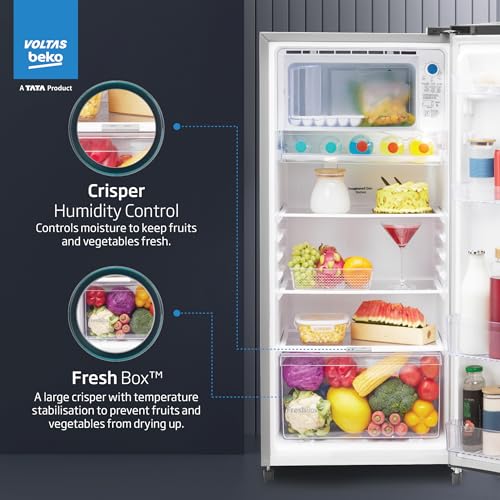 Image of Voltas Beko, A Tata Product 183 L, 3-Star Single Door Direct Cool Refrigerator with Fresh Box Technology (RDC215B / 3S0XIR0M0000GO, Hairline Silver)