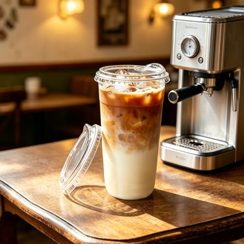 Image of 100 Pack 20 oz Plastic Cups with Lids,Clear Disposable Iced Coffee Cups,To Go Cup with Sip Through Lids for Cold Beverage,Smoothie,Wedding,Juice,Milkshake,Party