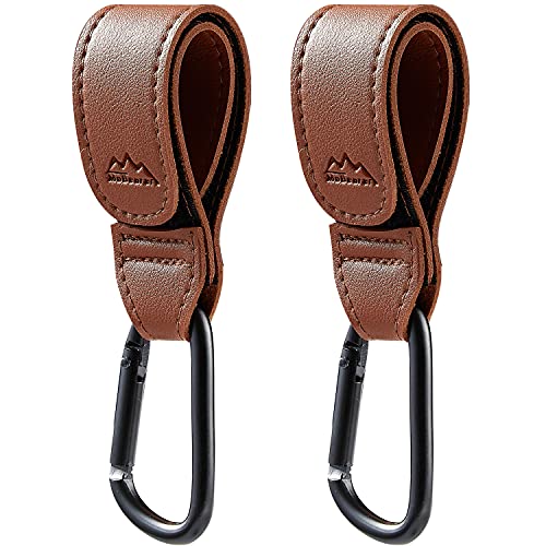 Image of Baby Stroller Hooks Bag Hooks for Hanging Diaper Bags Multipurpose Hooks for Grocery Shopping Bags Premium Vegan Leather Pram Straps 2 Pcs (Brown)