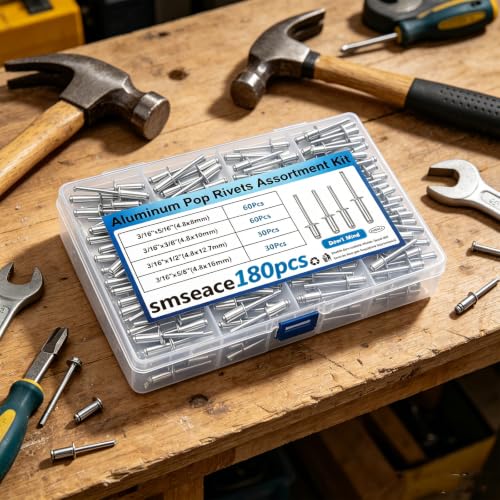 Image of smseace 180 Pcs 3 /16 Inches Rivets 3 /16 inch x (5 /16 inch, 3 /8 inch, 1 /2 inch, 5 /8 inch) Aluminum Pop Rivets Assortment Kit - Assorted Blind Rivets for Metal,Furniture,Automotive,Instrument