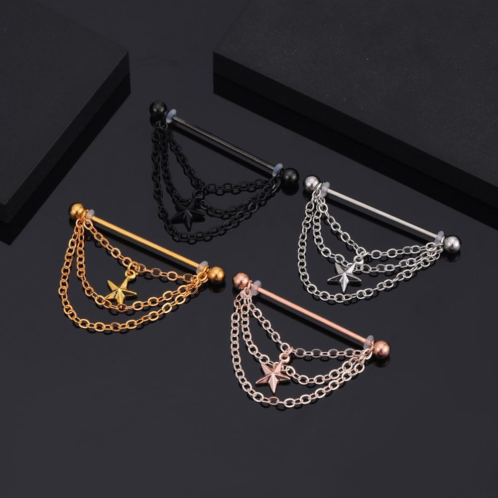 14G Star Chains Dangle Industrial Barbell Earrings for Women Men Stainless Steel Cartilage Helix Industrial Bar Nipple Body Piercing Jewelry