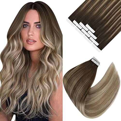 Sunny Dark Brown Tape in Extensions Human Hair #4/14/60 Brown Ombre Dark Ash Blonde Balayage Platinum Blonde Tape in Hair Extensions Invisible Tape Hair Extensions 12 Inch 20pcs 40g