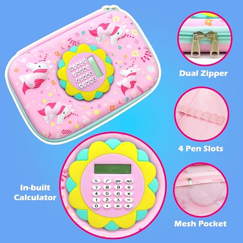 Image of VGRASSP Unicorn Theme Stationery Pencil Case for Kids with Mini Calculator - 3D EVA Zipper Pouch with Multi Storage Compartments - Fun School Stationery Organizer - Multicolor