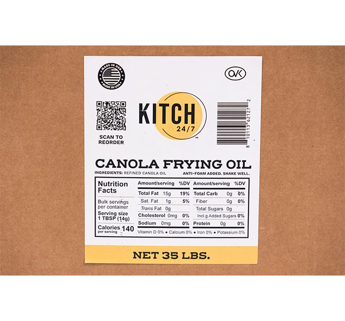 Kitch 24/7 Canola Frying Oil, 35 Pounds, High Smoke Point, Bulk Food Service