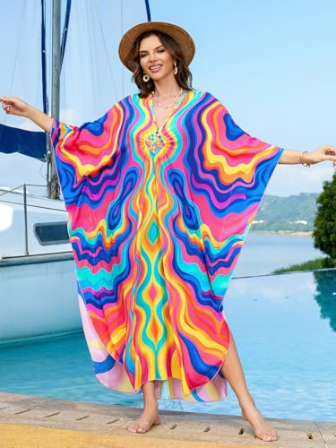 Image of IMAGEKOPE Women's Plus Size Animal Print V-Neck Batwing Kaftan Beach Dress Bathing Suit Cover-Up Loungewear