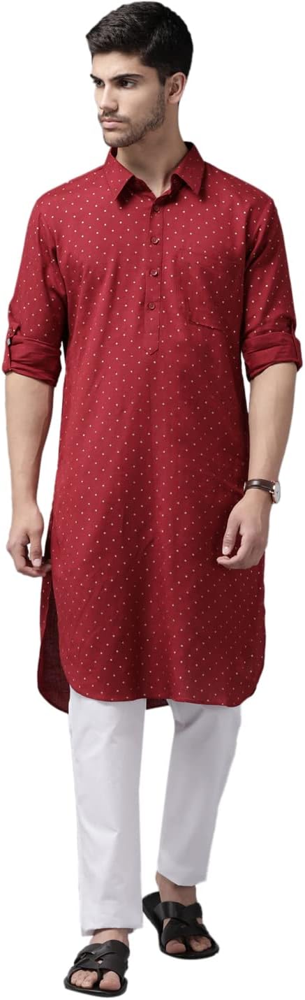 See DesignsMen's Maroon Regular Pure Cotton Pathani Printed Men's Kurta