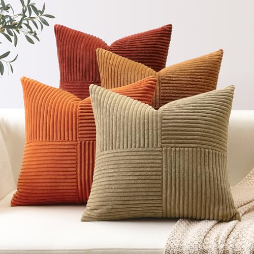 Sungeek Set of 4 Decorative Cushion Covers Soft Striped Corduroy Boho Square Throw Pillow Cases Fall Mix and Match Home Decor for Sofa Couch Living Room Bedroom Farmhouse 45x45cm, Brown Rust - Cosy Home Interiors Sungeek Set of 4 Decorative Cushion Covers Soft Striped Corduroy Boho Square Throw Pillow Cases Fall Mix and Match Home Decor for Sofa Couch Living Room Bedroom Farmhouse 45x45cm, Brown Rust