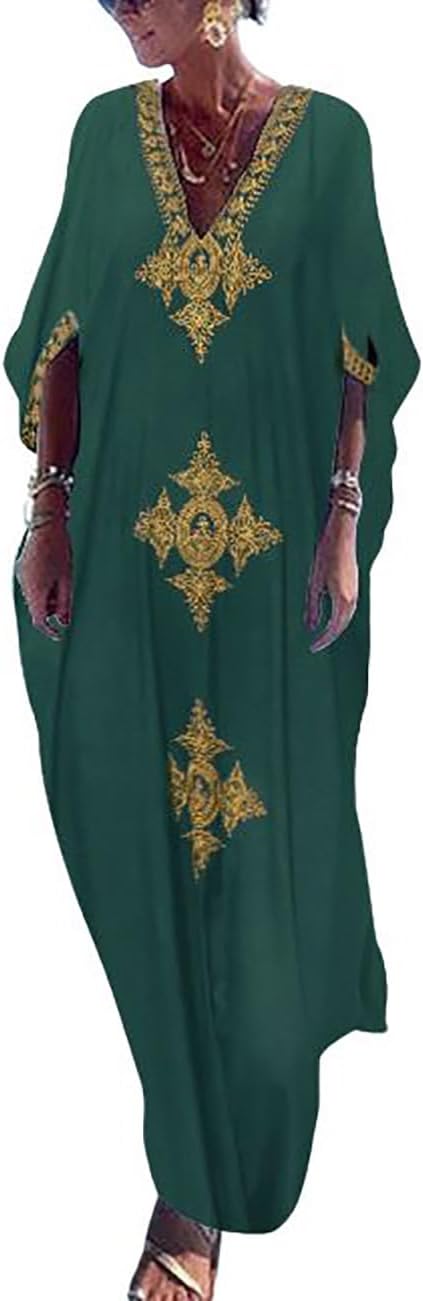 Bsubseach Gold Embroidery Long Kaftan Dresses V Neck Caftan Dress Beach Cover Ups for Women Embroidery