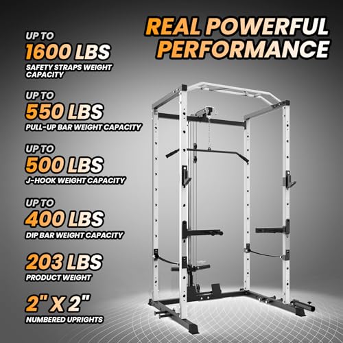 Power Cage with LAT Pulldown, Multi-Functional Power Rack with Cable Pulley System and J-Hooks, Squat Rack with Dip Bars and Landmine Attachment, Weight Cage for Home Gym Equipment