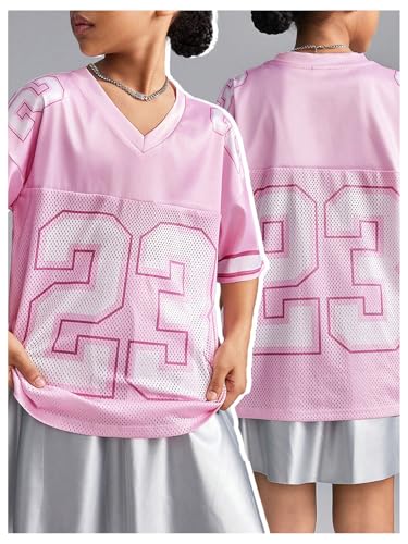 Image of WDIRARA Girl's Number Graphic Jersey Shirts Short Sleeve V Neck Tees Oversized T-Shirt Tops