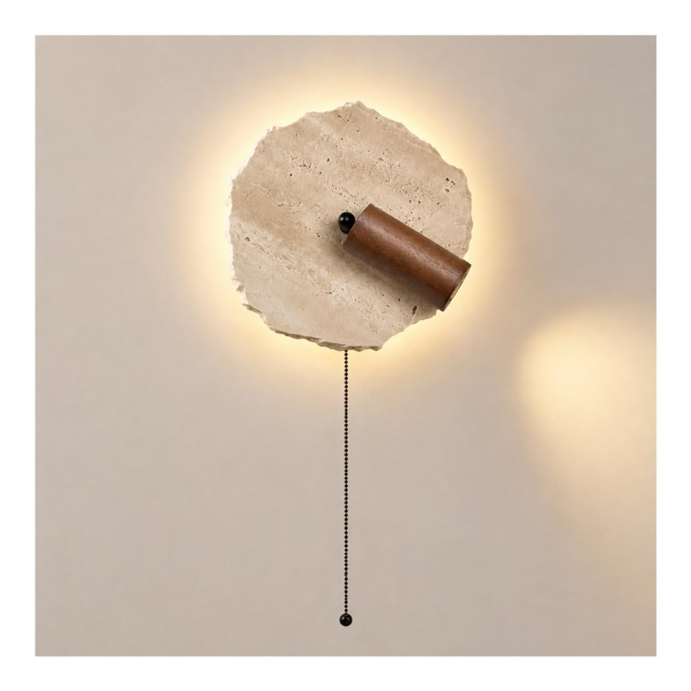 Yellow Travertine Wall Sconce Wood Spotlight Pull Chain for Bedroom