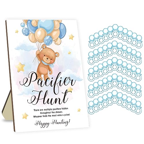 Image of Bear Baby Shower Pacifier Hunt Games, Games for Baby Shower, Baby Pacifier Hunt Game Set, 50 Pcs Blue Mini Acrylic Pacifiers with Baby Shower Pacifier Hunt Sign Board Baby Sets
