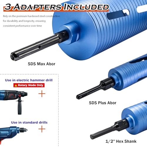 Image of 1 1 /4 inch Dry Core Drill Bit, 5 /8 inch-11 Thread, with 3 Adapters Included: SDS Plus, SDS Max and 1 /2 inch Hex Shank; 9.5 inch Drill Depth Diamond Core Bits for Concrete, Brick, Block, Stucco and Masonry