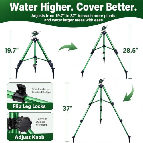 Image of Sprinklers for Yard, 2026 Heavy-Duty Lawn Sprinkler Impact Sprinkler on Spike Tripod Base with 360 Large Area Irrigation with Extension Legs to Adjust Height Irrigation System for Garden Lawn-Green