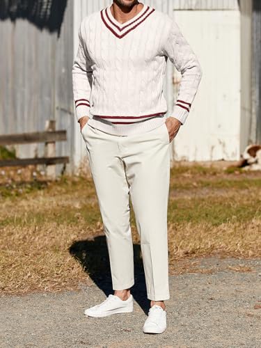 Makkrom Mens V Neck Pullover Sweaters Ribbed Knitted Cable Slim Fit Pullovers Top4