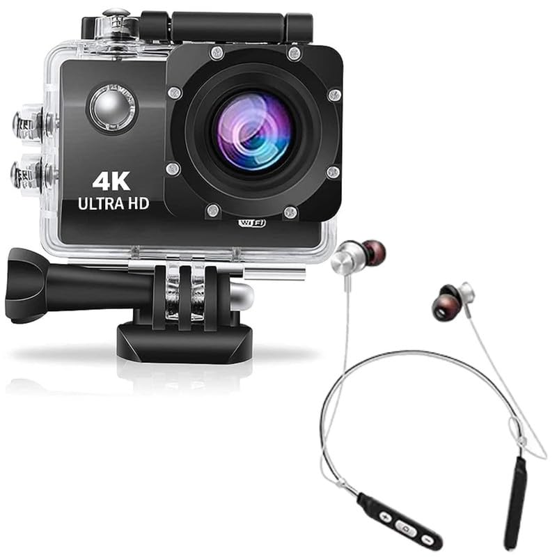 Drumstone Combo Pack of 2 Items- Touch Screen Sports Action Camera, 4K Waterproof Sport Camera,170 Degree Wide Angle WiFi HD Cam, 16MP with Bluetooth Wireless Headphones Sport Stereo Headsets