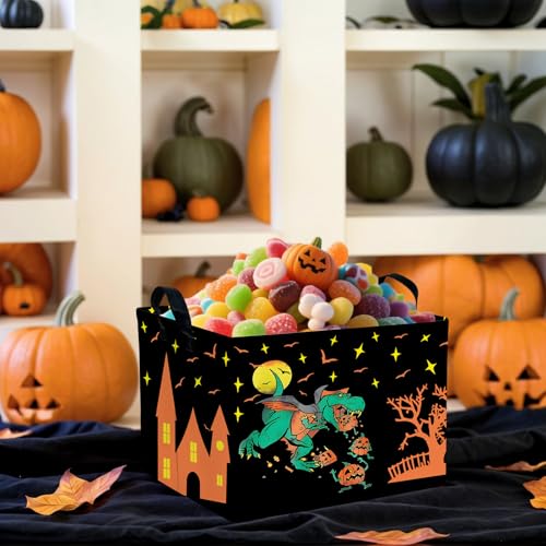 Image of Halloween Basket Gift Cute Pumpkin Ghost Parties Decor Kid Trick or Treat Basket for Boys and Girls Rectangular Storage Bin Box (Dinosaur)