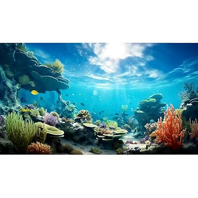 Ocean Floor Fish Tank Background Underwater Coral Reef Stone Aquarium Background Under Water Seaweed Background Cave Sunlight Fish Tank Backdrop Decoration Aquarium Backdrop Durable Vinyl 36x18in