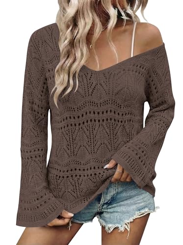 Image of Cakulo Womens Summer Crochet Tops Boho Off Shoulder Sweaters Lightweight V Neck Loose Vacation Resort Wear 2026