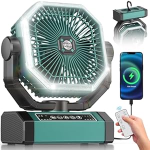 Portable Rechargeable Fan – 9-Inch Camping Fan for Tent, 20000mAh(60Hrs) Battery Operated Fan for Camping, Auto Oscillation Cordless Fan, Tent Fan with Remote/Light, 4 Speeds, 4 Timing, Outdoor