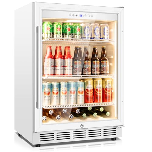 Tylza Beverage Refrigerator 24 Inch, Under Counter/Freestanding Drink Fridge, 190 Cans Beverage Cooler with Glass Door, Reversible Door, Low Noise, Quick Cooling - for Beer, Soda, ETC, White