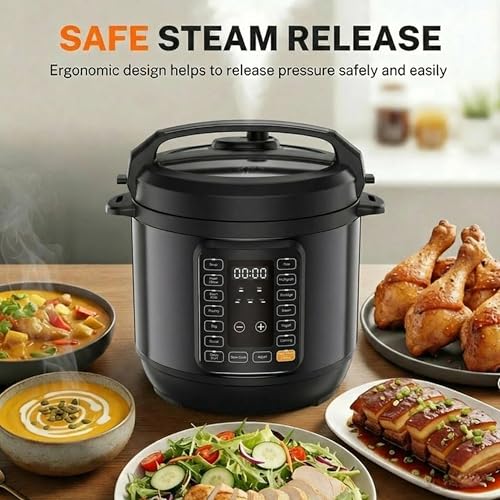 Image of Simple Deluxe 6QT Electric Pressure Cooker, 16-in-1 & Non-Stick Stainless Steel Multi Cooker with 12 Presets for Slow Cook, Meat Stew, Steam, Saute, Canning, Yogurt Maker, Dishwasher Safe, Black