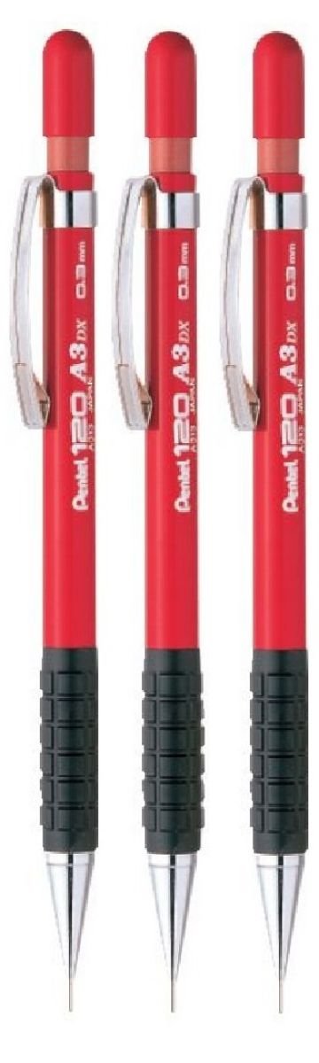 Pentel 0.3mm (A313-B) Red 120 DX Automatic Mechanical Pencil Refillable Lead Capped Metal Clip Rubber Grip (Pack Of 3)