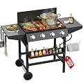 3 in 1 Propane Griddle Grill Stove Combo,4-Burner Propane Gas BBQ Grill with Porcelain-Enameled Cast lron Grates & Plate, 52,000 BTU Barbecue Combo Grill for Outdoor Cooking Camping Patio Backyard