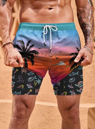 Men Swim Trunks Quick Dry Graphic Compression Liner 6'' Inseam Beach Summer Board Shorts (S-XXL)4