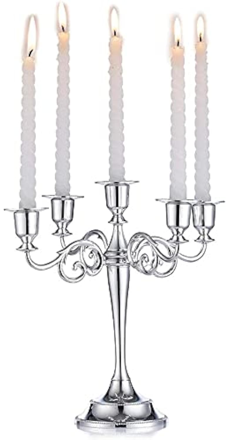 Vintage 5 Arm Candelabra, European Style Metal Candle Holder for Wedding Table Centrepiece, Christmas Mantel Fireplace Home Decor, Romantic Party Decoration (Silver)