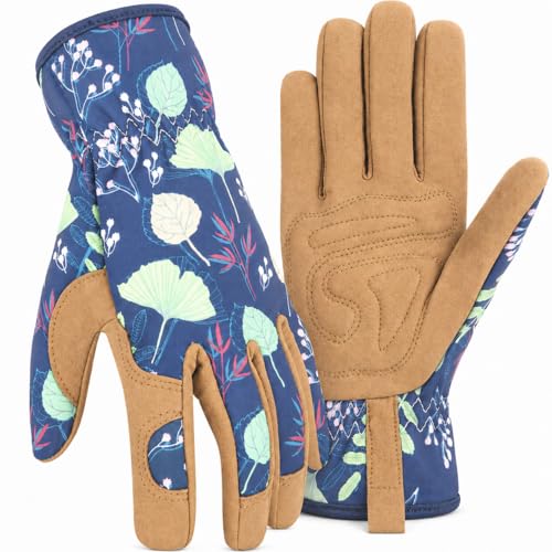 WOHEER Leather Gardening Working Gloves for Women, Abrasion Garden Gloves Scratch Resistant Breathable for Weeding, Digging, Planting, Raking & Mowing (Medium)