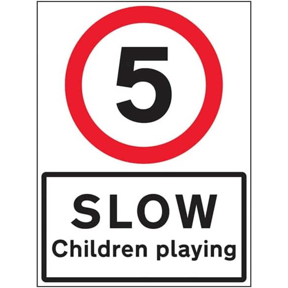 V Safety 5 MPH Children Playing - 600x800mm 3mm Aluminium Composite Safety Sign, Multi, 600 x 800 mm