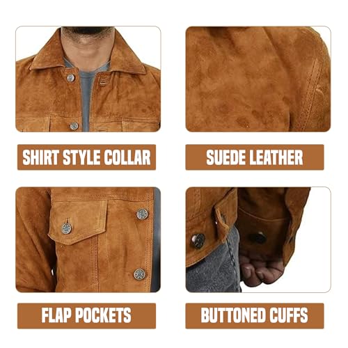 Image of Mens Premium Brown Suede Leather Trucker Jacket - Vintage Classic Motorcycle Western Goat Leather Coat