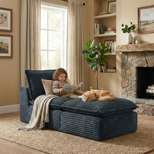 Image of Modular Sectional Sofa Add-On Set - Corduroy Middle Seat & Ottoman, Convertible Armless Chair with Footstool, DIY Expansion Module for Living Room, Bedroom, Apartment