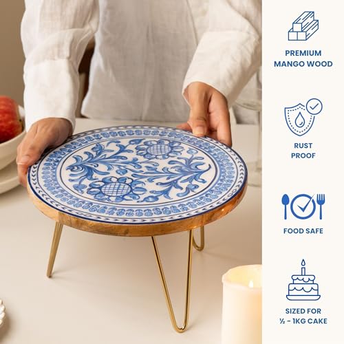 Image of RITUALISTIC Holland Delft Art Wooden Cake Stand with Metal Legs | Blue & White Dutch Folk Art | Round Dessert Display for Birthdays, Weddings & Events | Premium Home Decor Cake Tray | Unique Gifting