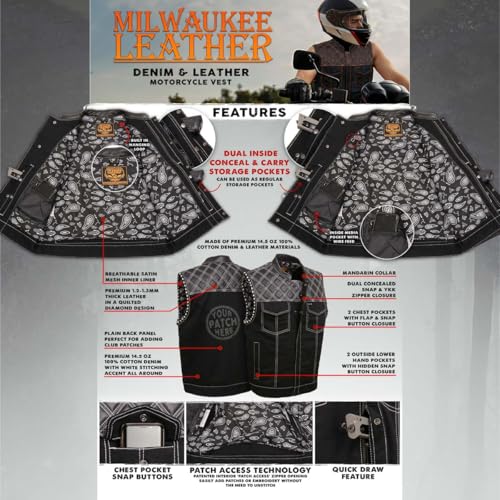Milwaukee Leather MDM3035 Men's 'Wrecker' Black Denim and Leather Club Style Vest w/Diamond Quilt Design2