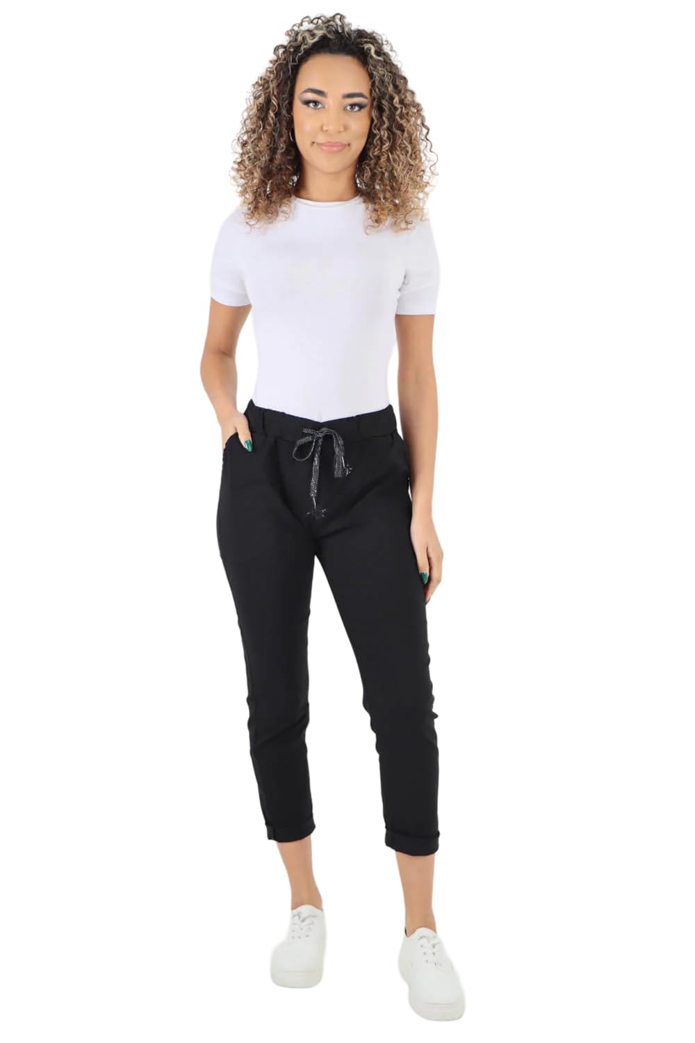 Fairy Trendz Women's Black Fairy Trednz® Plain Magic Trousers, Italian Lagenlook Crushed Casual Stretchy Joggers Yoga Pants With Back Pocket (, 10-16)