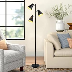 Depuley Lampadaire sur Pied Salon 3 Tête Flexible, Métal Noir, Lampadaire Led de Lecture Moderne pour Salon Sur Pied,Bureau, Salle d’Étude, Interrupteur sur Pied, Lumière Chaude, Type d’ampoule E27