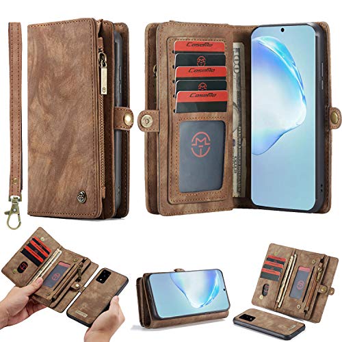 Simicoo OnePlus 8 Leather Wallet Detachable Zipper Case 11 Card Slots Holder OnePlus 8 Flip Magnetic case Handle Wrist Strap Shockproof Pocket Handbag for Man Woman (OnePlus 8, Brown)