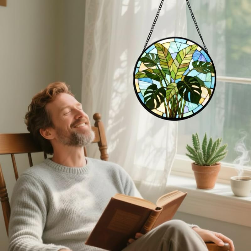 Stained Glass Window Hanging- Tropical Plant Design，Suncatcher for Window, for Christmas, Mother's Day and Plant Lovers