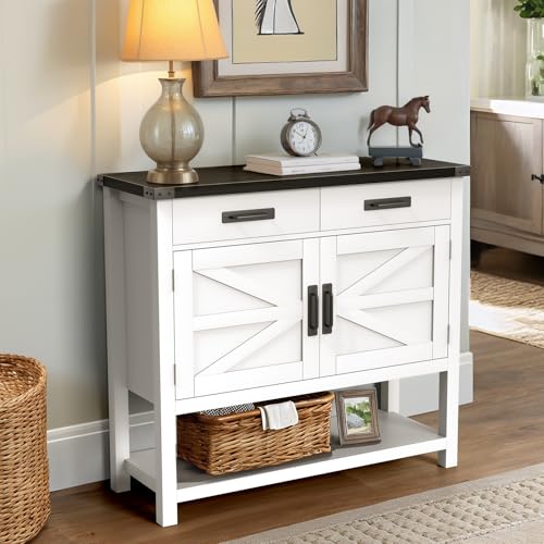 Farmhouse Console Table with 2-Door Cabinet & 2 Drawers, Coffee Bar, Entryway Table with Storage Shelf, Sofa Tables Buffet Sideboard for Kitchen, Hallway, Dining, Living Room, White