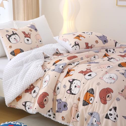 Gusuhome Kids Dog Comforter Set Twin Size Cute Animal Dog Bedding Set Bed in A Bag for Boys Girls Teen All Season Warmth 3 Piece Ivory White