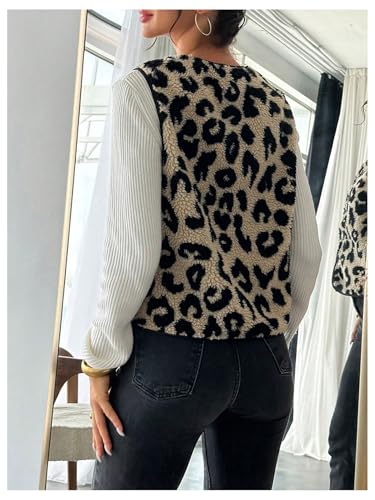 GORGLITTER Women's Leopard Sherpa Vest Fuzzy Vest Outerwear Trendy Fall Cheetah Fleece Sleeveless Old Money Coat Jacket2