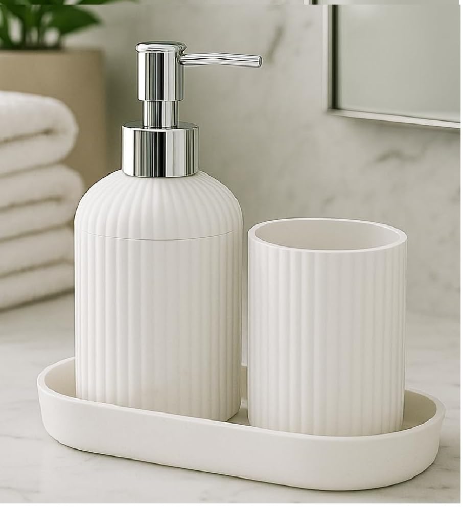 LAGET® 3PCS Set Bathroom Decor Soap Dispenser Set with Toothbrush Holder and Tray Unbreakable Liquid Soap/Liquid/Shampoo/Hand wash/Bottle for Kitchen, Wash-Basin and Bathroom (White)