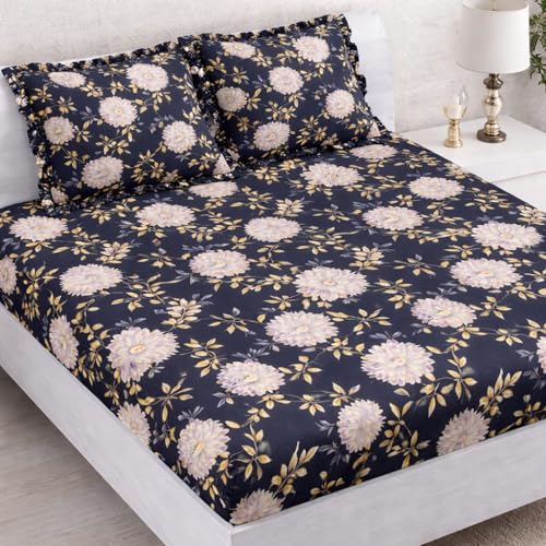 Image of 350 TC Premium Heavy Cotton Feel Elastic Fitted Bedsheet King Size with 2 Frill Pillow Covers King Size || Double Bed with All Around Elastic (Floral, Fitted - 72 inchx78 inch King)